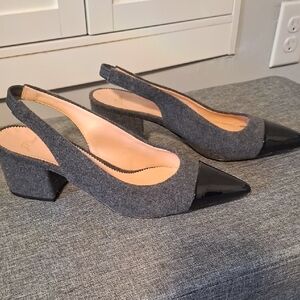 J. Crew Gray Wool Slingback Block Heels with Black Patent Toe